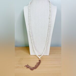 WHBM Genuine White Freshwater Baroque Pearl Necklace with Rose Gold Tassel 38”